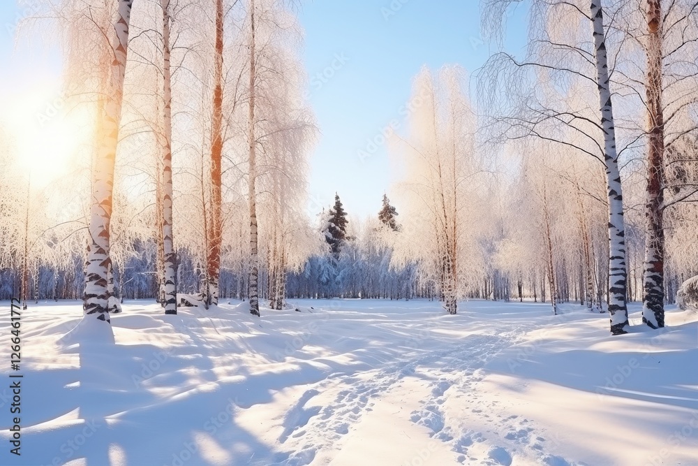 Winter wonderland Sunlight through frosty trees, fresh snow path, scenic landscape. Stock use