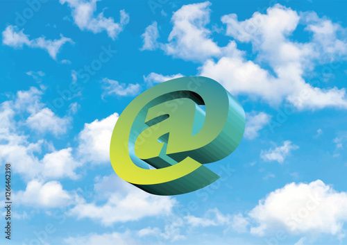 007-07-Three-dimensional green at symbol floating against a backdrop of blue sky and white clouds, symbolizing digital communication and online presence