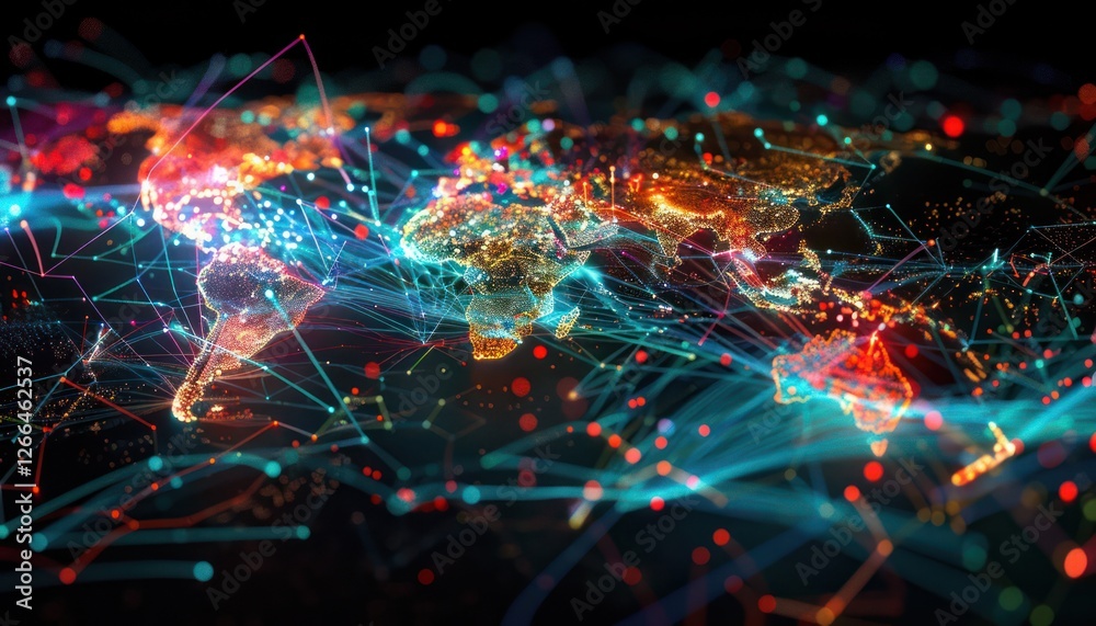 Obraz premium Futuristic international telecommunication network, concept about global data transfer, background with colourful abstract dynamic gradient line flows connecting cityspace around the world