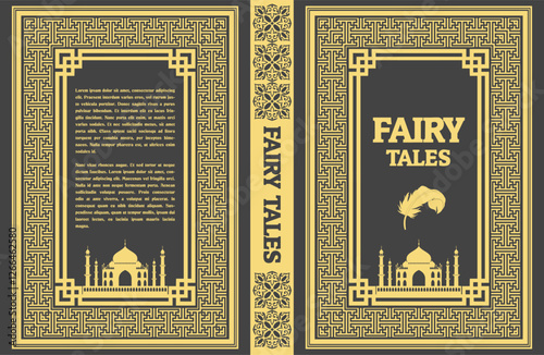 007-09-Book cover design for fairy tales with gold borders, taj mahal silhouette, and feather, evoking a sense of magic and wonder