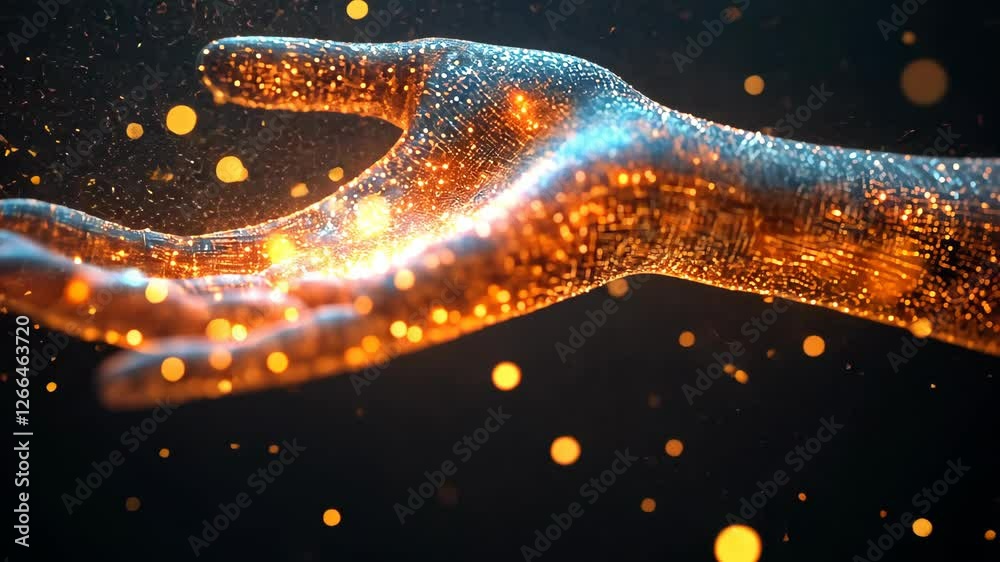 Glowing hand with sparkling particles against dark background creates a mesmerizing visual experience