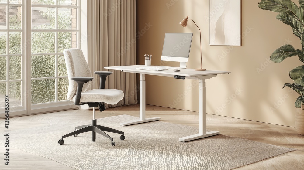 Fototapeta premium Clean, organized workspace with an adjustable desk and comfy chair