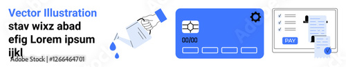 Digital card with settings gear, pouring water graphic, and bill payment screen with pay button. Ideal for billing, online payments, utilities, finance, technology, business abstract line flat