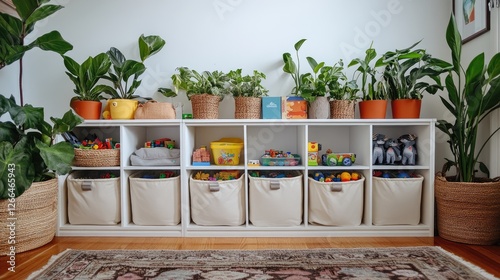 Kids' bedroom with neatly organized toy bins on open shelves
