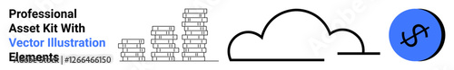 Stacked coins, cloud outline, and currency circle represent savings, economic growth, digital storage, and financial progress. Ideal for fintech, investment, banking cloud wealth analytics flat