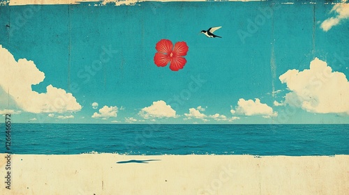 Tropical collage bird, flower, ocean, sky, beach