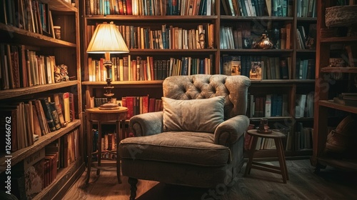 Cozy Reading Nook with Armchair and Bookshelf in Warm Lighting