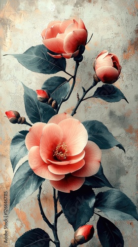 Elegant pink flowers with lush green leaves against a textured backdrop, showcasing nature's beauty