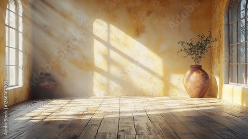 Sunlit interior of a rustic room with a clay pot and natural light streaming through windows