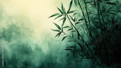 Serene bamboo forest with soft misty background, creating a tranquil atmosphere for relaxation