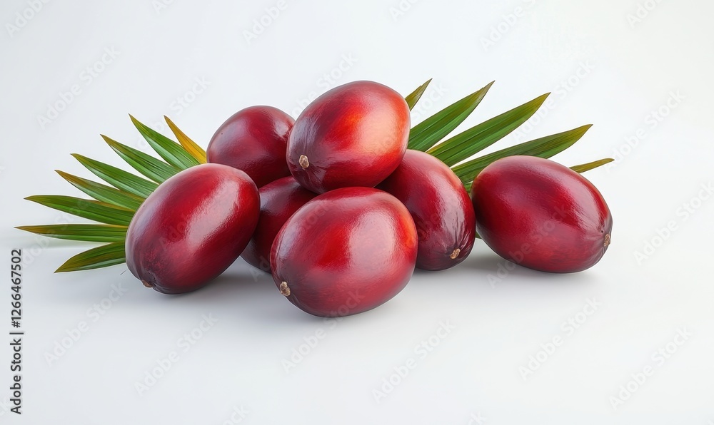 Freshly harvested red fruits arranged on green palm leaves against a clean white background Freshly harvested red fruits arranged on green palm leaves against a clean white background
