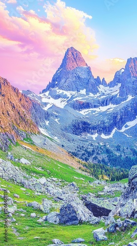 Majestic mountain peak surrounded by vibrant sunset colors and serene alpine landscape
