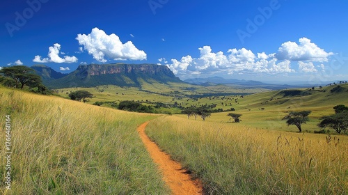 Scenic landscape with a winding path through golden grasslands under a blue sky