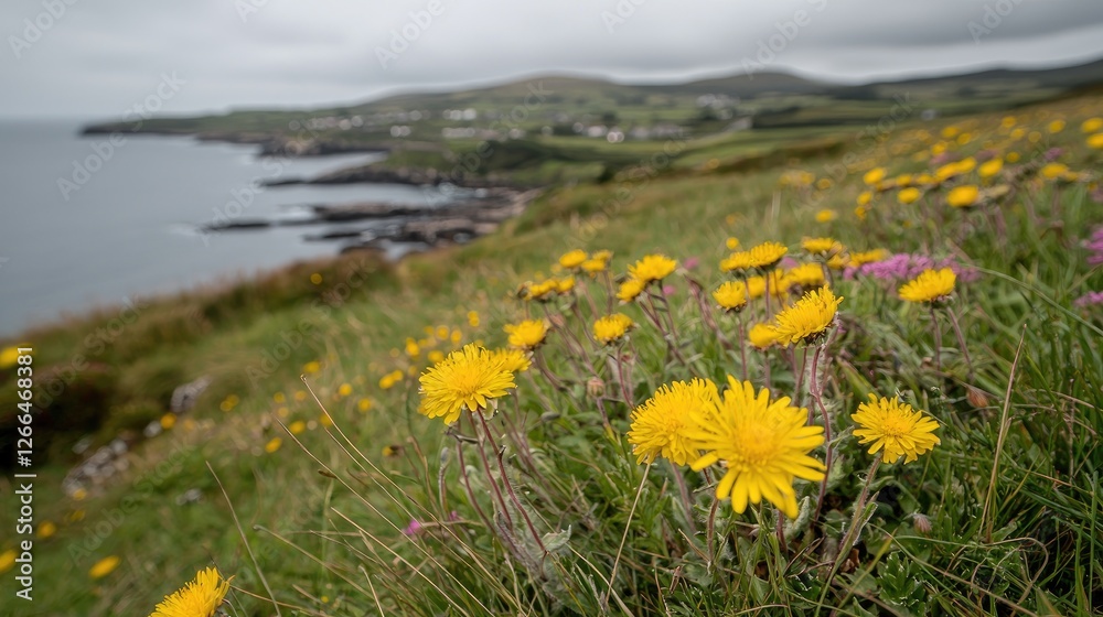Fototapeta premium Yellow wildflowers bloom on a grassy green hillside overlooking a rugged coastline and ocean under an overcast sky.
