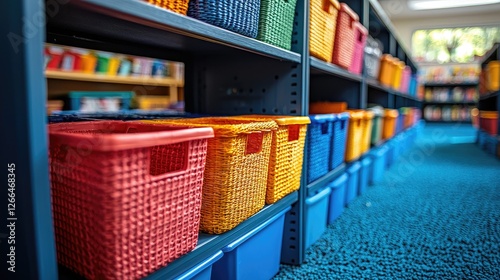 Colorful woven baskets neatly arranged on shelves in a vibrant library setting