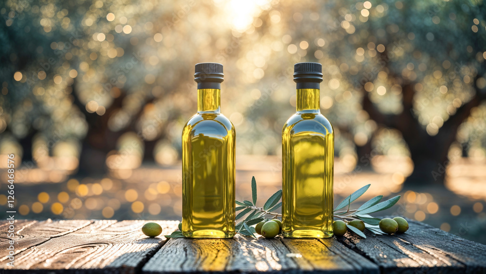 Two bottles of golden olive oil stand ready on a wooden table in a sun-drenched olive grove. Two bottles of golden olive oil stand ready on a wooden table in a sun-drenched olive grove.