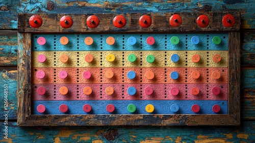 Colorful wooden board with vibrant buttons arranged in a grid against a rustic background