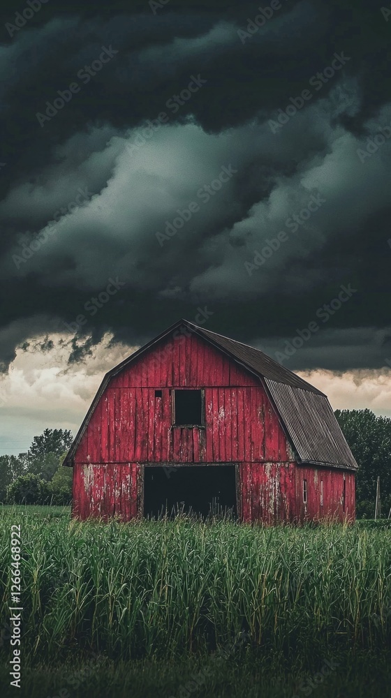 Fototapeta premium Red Barn Against Dark Cloudy Sky in Rural Landscape Setting