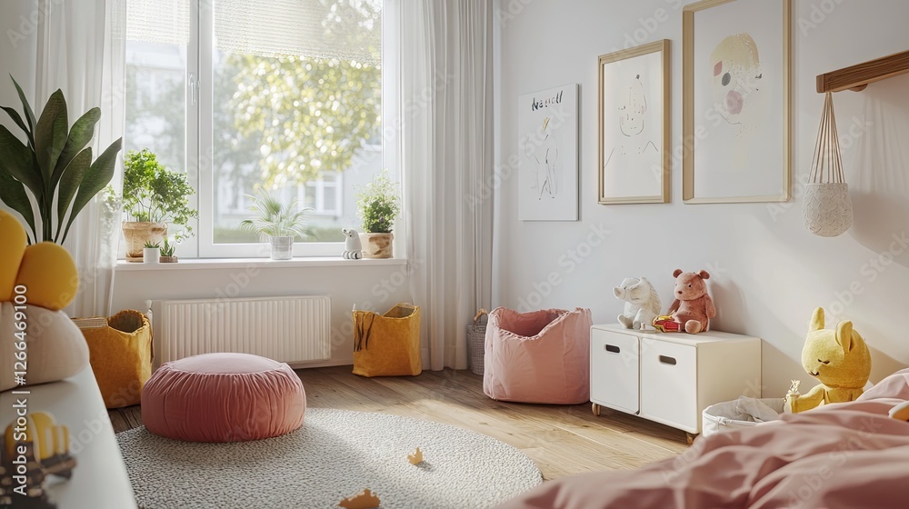 Fototapeta premium Modern children's bedroom with sealed storage bins and easy-clean floors