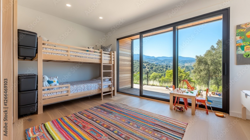 Fototapeta premium Modern children's bedroom with sealed storage bins and easy-clean floors