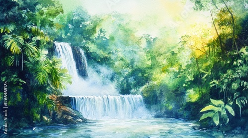 Majestic waterfall cascading through lush green rainforest at dawn surrounded by mist and soft sunlight. Generative AI
