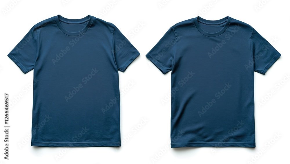 Two front views of a navy blue t-shirt mockup, on a plain white background, isolated on the left side, high-resolution photography.