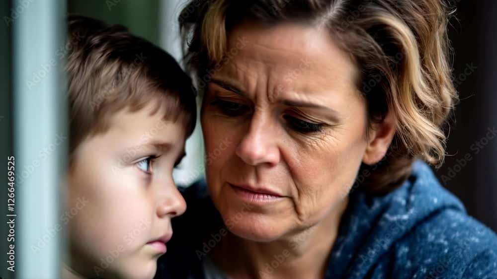 Sad single mature woman and her son looking away with uncertainty Sad single mature woman and her son looking away with uncertainty