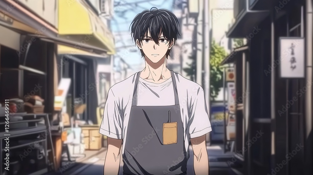 An anime-style illustration of a young man wearing a stylish apron, exuding a friendly and approachable vibe. An anime-style illustration of a young man wearing a stylish apron, exuding a friendly and approachable vibe.