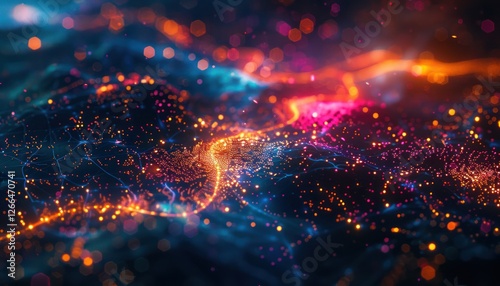Wonderful night view futuristic international telecommunication network, concept about global data transfer, background with colourful abstract dynamic gradient line flows connecting cityspace