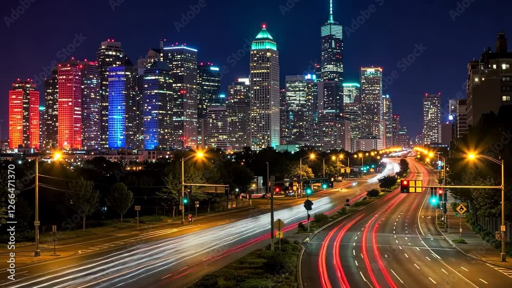 Illuminated City Skyline At Night With Red White And Blue Building Lights And Traffic Light Trails