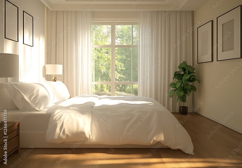 Fototapeta premium Sunny White Shade Bedroom with White Bedding and Hardwood Floor