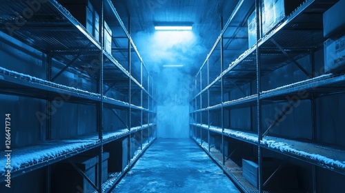 Dimly Lit Cold Storage Room with Metal Shelving and Fog Effects