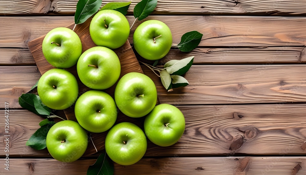 Harvesting fresh green apples rustic wooden background food photography natural setting top-down perspective Harvesting fresh green apples rustic wooden background food photography natural setting top-down perspective