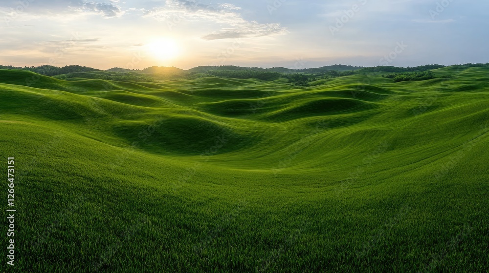 Lush Green Rolling Hills at Sunset, Scenic Countryside, Panoramic View, Nature's Beauty Lush Green Rolling Hills at Sunset, Scenic Countryside, Panoramic View, Nature's Beauty