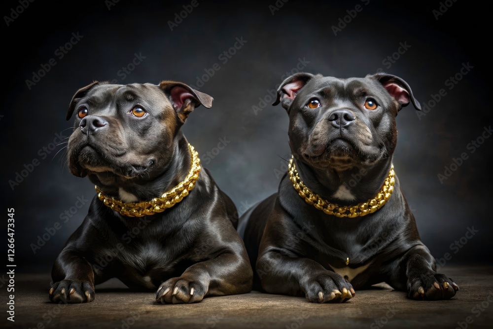 Obraz premium Adorable black Staffordshire Bull Terriers, purebred, lie down, eyes up, wearing golden and silver collars.