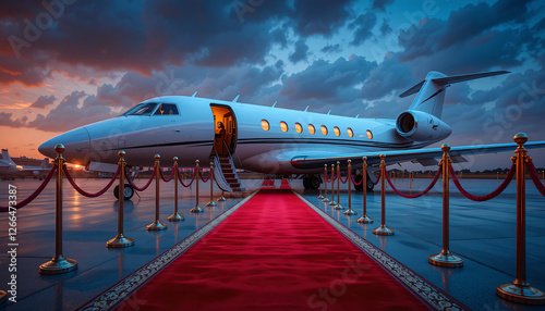 Luxurious Private Jet with Red Carpet and Gold Stanchions on Airport Tarmac