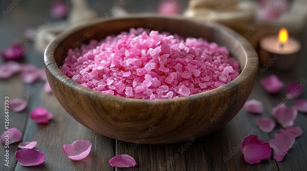 Pink Rose Spa Salt in Wooden Bowl, Rose Petals, Candles Pink Rose Spa Salt in Wooden Bowl, Rose Petals, Candles