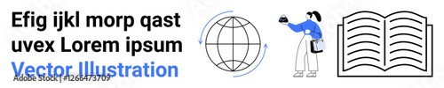 Globe with rotation arrows, open book, person interacting with cloud data. Ideal for education, technology, digital transformation, global learning, knowledge exchange, information sharing flat