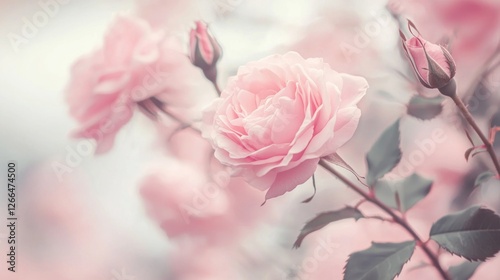 Soft Pink Roses in Bloom, Garden Setting, Delicate Background