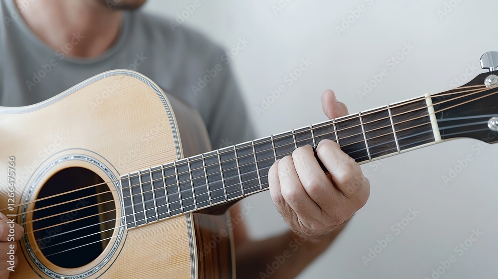 Fototapeta premium Close-up of a person playing an acoustic guitar, focusing on the strings and hands in action.