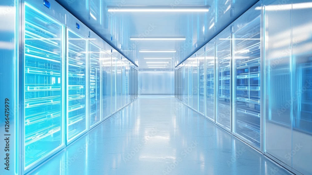 Modern Data Center Aisle with Glass Cabinets and Neon Lighting Modern Data Center Aisle with Glass Cabinets and Neon Lighting
