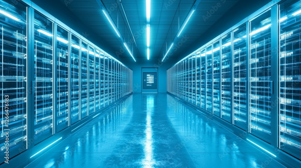 Fototapeta premium Futuristic Data Center with Blue LED Lighting and Server Racks