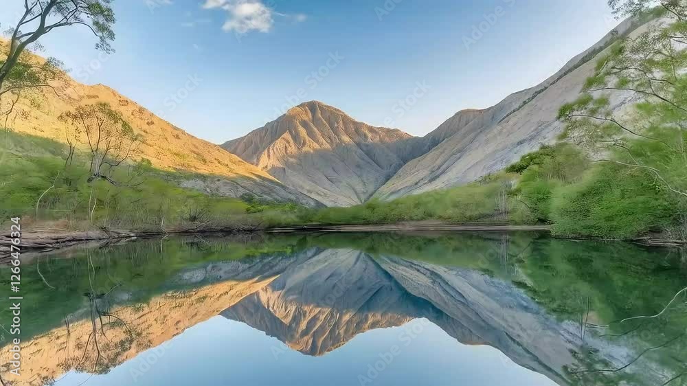 Stunning mountain range perfectly reflected in a calm, clear lake