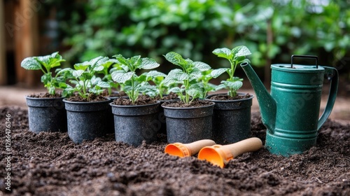 Planting seedlings in pots, garden soil, watering can, and tools photo