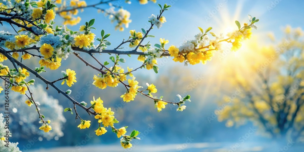 Golden blossoms dusted with winter's kiss, basking in the sun's warm embrace, a picturesque scene of nature's resilience Golden blossoms dusted with winter's kiss, basking in the sun's warm embrace, a picturesque scene of nature's resilience