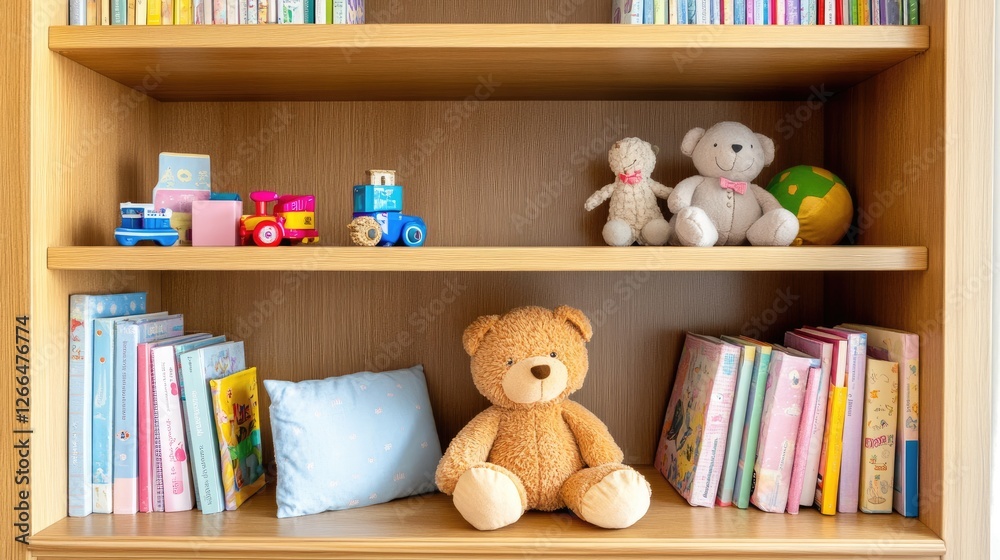 Wooden bookshelf with neatly arranged children's books and toys
