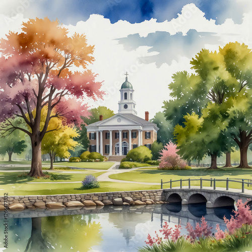 watercolor illustration of Andover, Massachusetts, featuring its historic downtown area and surrounding nature photo