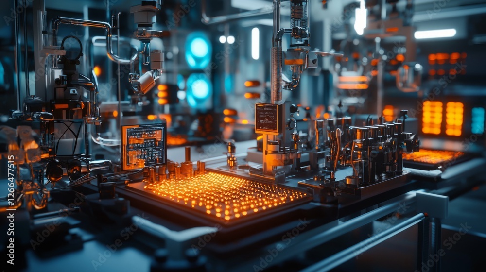 Futuristic Laboratory with High-Tech Equipment and Orange Glow Futuristic Laboratory with High-Tech Equipment and Orange Glow