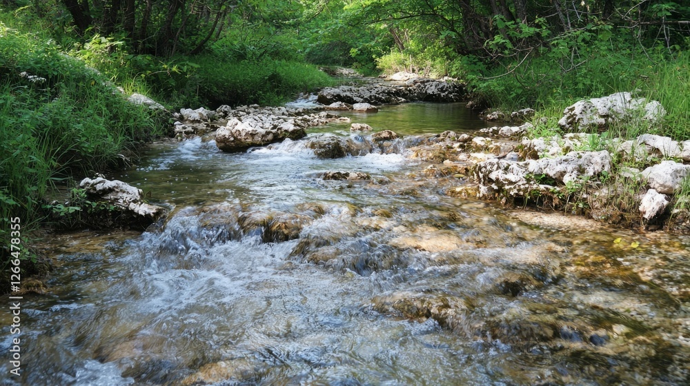 Tranquil Stream Flowing Through Lush Green Forest Landscape Tranquil Stream Flowing Through Lush Green Forest Landscape