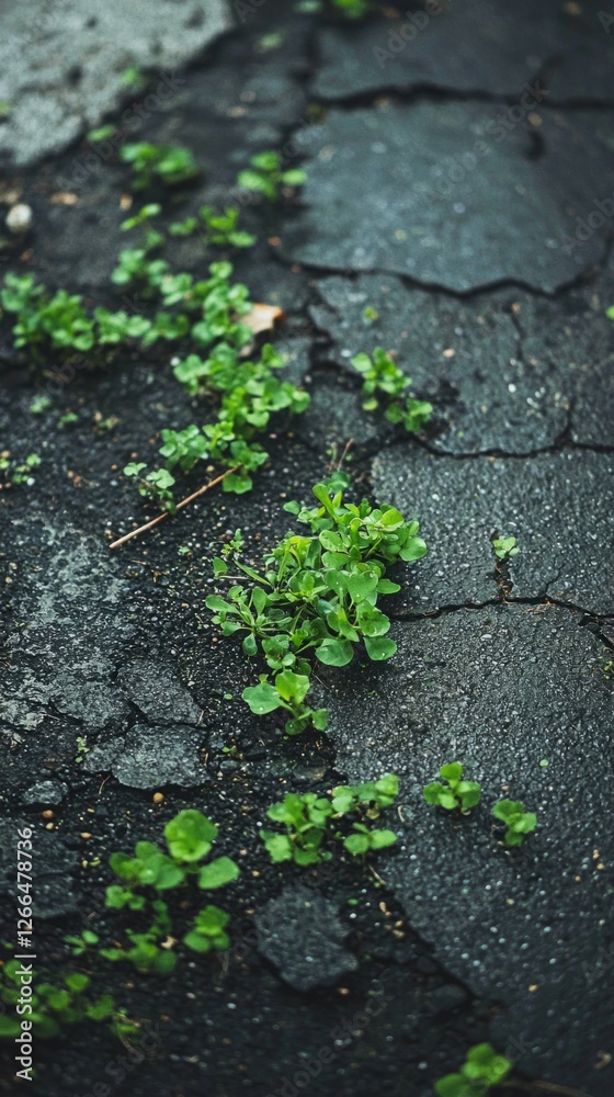 Green Plants Growing Through Cracked Asphalt Surface in Urban Area Green Plants Growing Through Cracked Asphalt Surface in Urban Area